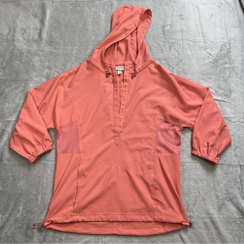 Coolibar Shirt Small Womens Hooded Popover 3/4 Sleeve UPF Vented Coral